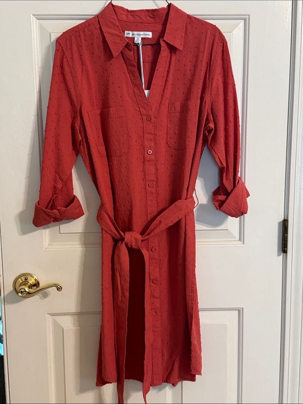 Southern Tide Textured Coral-Red Midi Shirt Dress with Tie Waist